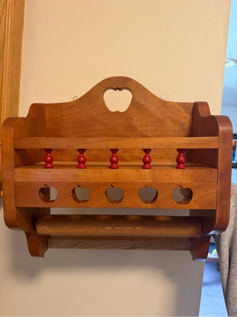 Wooden Apple Accent Wall Shelf with Red Pegs